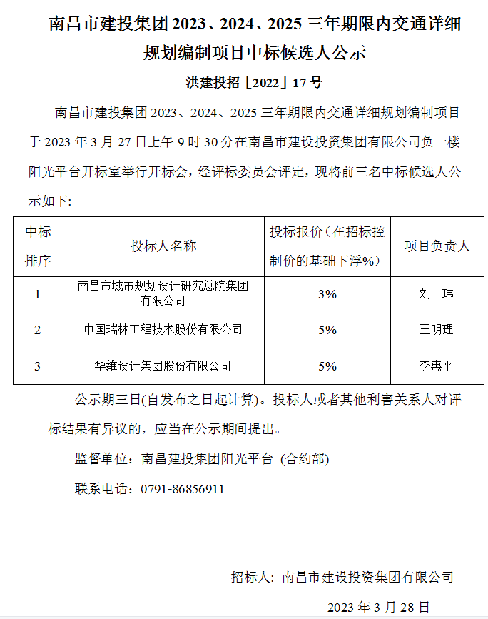 南昌市乐盈VI官网集团2023、2024、2025三年限期内交通详细妄想体例项目中标候选人公示_乐盈VI官网