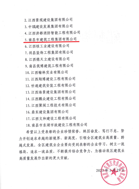 南昌市修建工程集团有限公司获评2022年度南昌市东湖区修建业质量信得过企业_乐盈VI官网